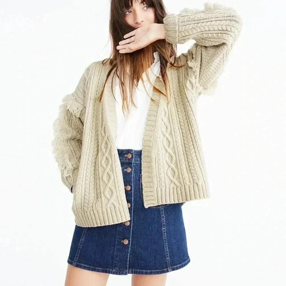 Madewell Cable Knit Fringe Cardigan Sweater 100% Merino Wool Tan Crop